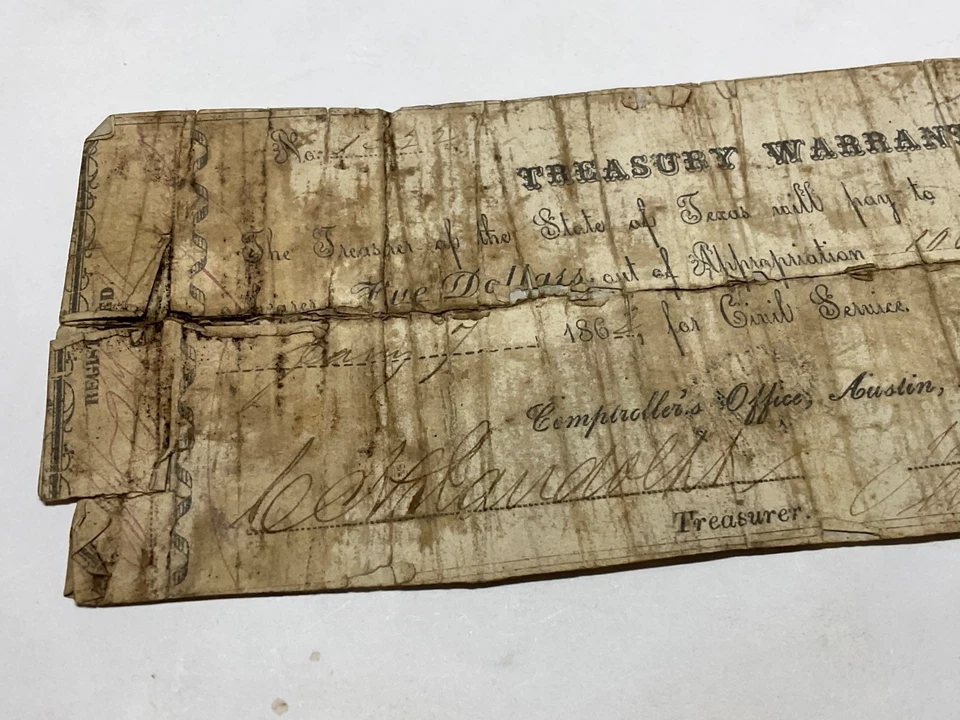 ORIGINAL CSA STATE OF TEXAS TREASURY WARRANT FEBRUARY 1864 FIVE DOLLARS REGISTER - Image 2 of 4