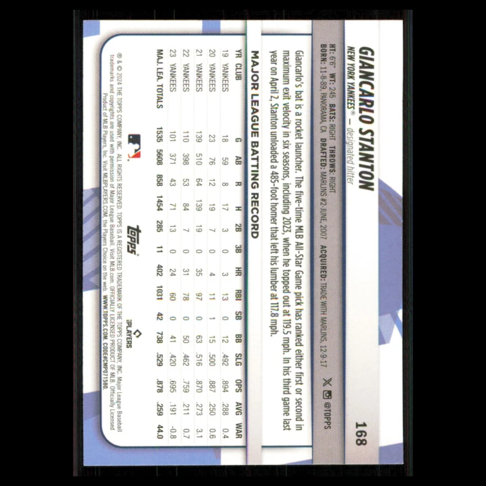 Giancarlo Stanton #168 2024 Topps Big League New York Yankees Baseball Card MLB - Image 2 of 3