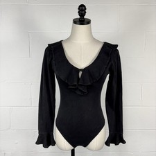 Vintage 90s Black Jersey Bodysuit Long Bell Sleeve Ruffle Plunge Keyhole Neck M