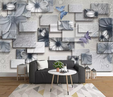 3D Grey Flower Butterfly B5096 Wallpaper Wall Mural Removable Self-adhesive Amy