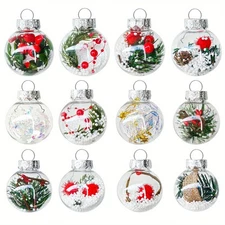 12 Pack 2.36'' Christmas Baubles Built-in Snow Landscape Berries Clear Ornaments
