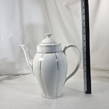 Porcelain Coffee Tea Pot White Gold Trim Lidded Embossed Numbered 34 481/4 Gilt