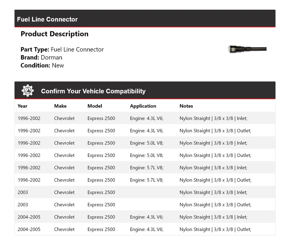 Conector de línea de combustible Dorman para Chevrolet Express 2500 1996-2005 1997 1998 1999 Foto 2 de 4