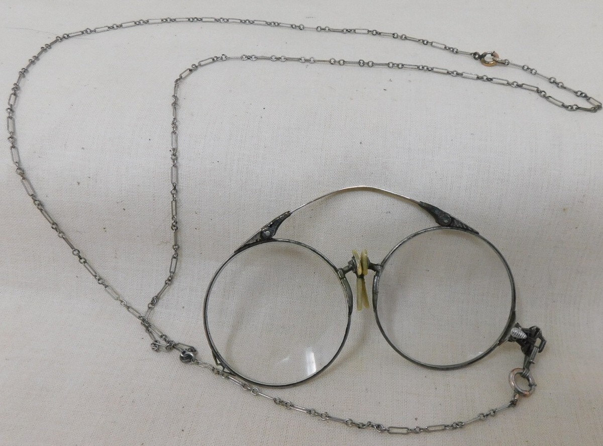 1920s Pince-Nez Eyewear Glasses 12K White Gold Fill Frames Chain