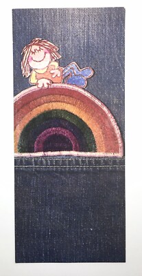 Vintage Hallmark Card Hippie Girl on Top of Rainbow Denim Jean Print 1970s