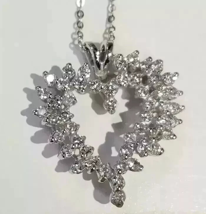 2.00 Ct Round Cut Natural Moissanite Cluster Heart Pendant 14K White Gold Plated