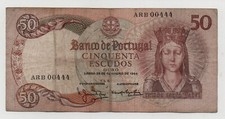 PORTUGAL 50 ESCUDOS 1964 PICK 168 NUMBER 00444 LOOK SCANS