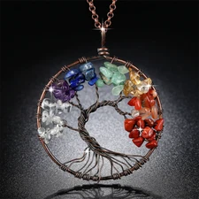Tree of Life Pendant Healing Necklace Natural Gemstone 7 Chakra Crystal Silver