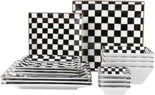 Checks Black & White Porcelain  16pc Double Bowl Square Dinnerware Set Service/4