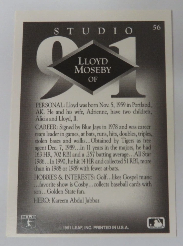 1991 Leaf Studio #56 Lloyd Moseby Detroit Tigers - Image 2 of 2