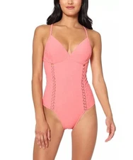 NWT Jessica Simpson Rose Bay S Pink Textured V-Neck One-Piece Swimsuit #100454