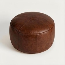 Round Leather Moroccan Pouf Ottoman Footstool Handmade Unstuffed 18x14