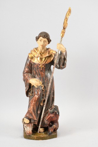 Q17R19- Heiligenfigur Leonhard mit Ochse Pferd aus Holz geschnitzt und gefasst