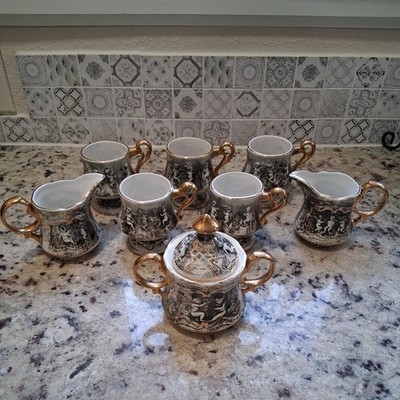 Vintage Pereiras Valado Porcelain Coffee Tea Set hand painted Portugal Cherubs