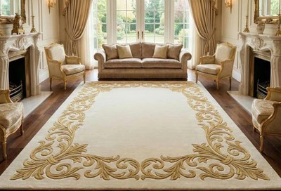 Hand Tufted Wool Area Rug, Ivory Gold Floral Rug Large Luxury Living Room Carpet