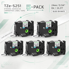 5PK Brother TZe-S251 Compatible Label Tape 24mm x 8m Black on White PT-D600VP