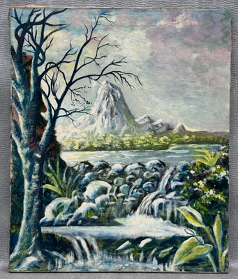 VINTAGE WINTER MOUNTAIN ICE RIVER WATERFALL LANDSCAPE OIL PAINTING