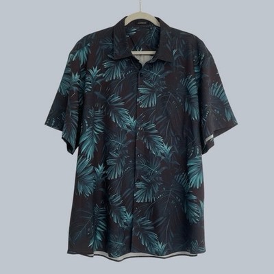 Hisdern Mens Navy Blue Tropical Button Down Shirt