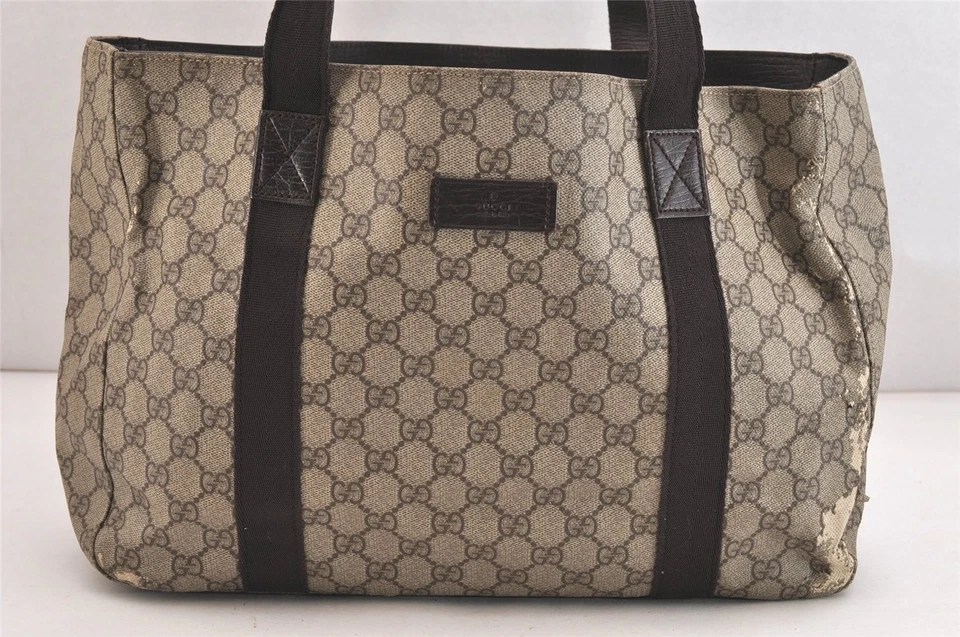 Autêntica bolsa tote de ombro GUCCI vintage couro PVC GG 141624 marrom 3441N - Imagem 2 de 4