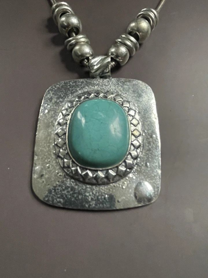 Collar Plata Turquesa Tono Cuadrado Colgante Tono Plata Cadena Joyería Foto 2 de 4