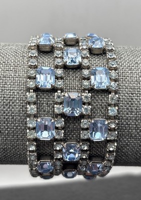 AMAZING Vintage Blue Baguette Rhinestone Push Lock Wide Panel Statement Bracelet