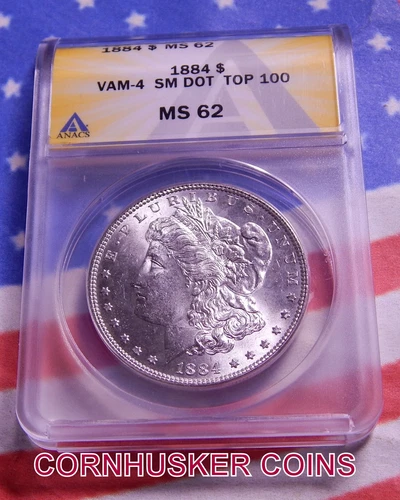 1884 MORGAN DOLLAR VAM-4 SMALL DOT ANACS MS 62  TOP 100~ BLAST WHITE GEM