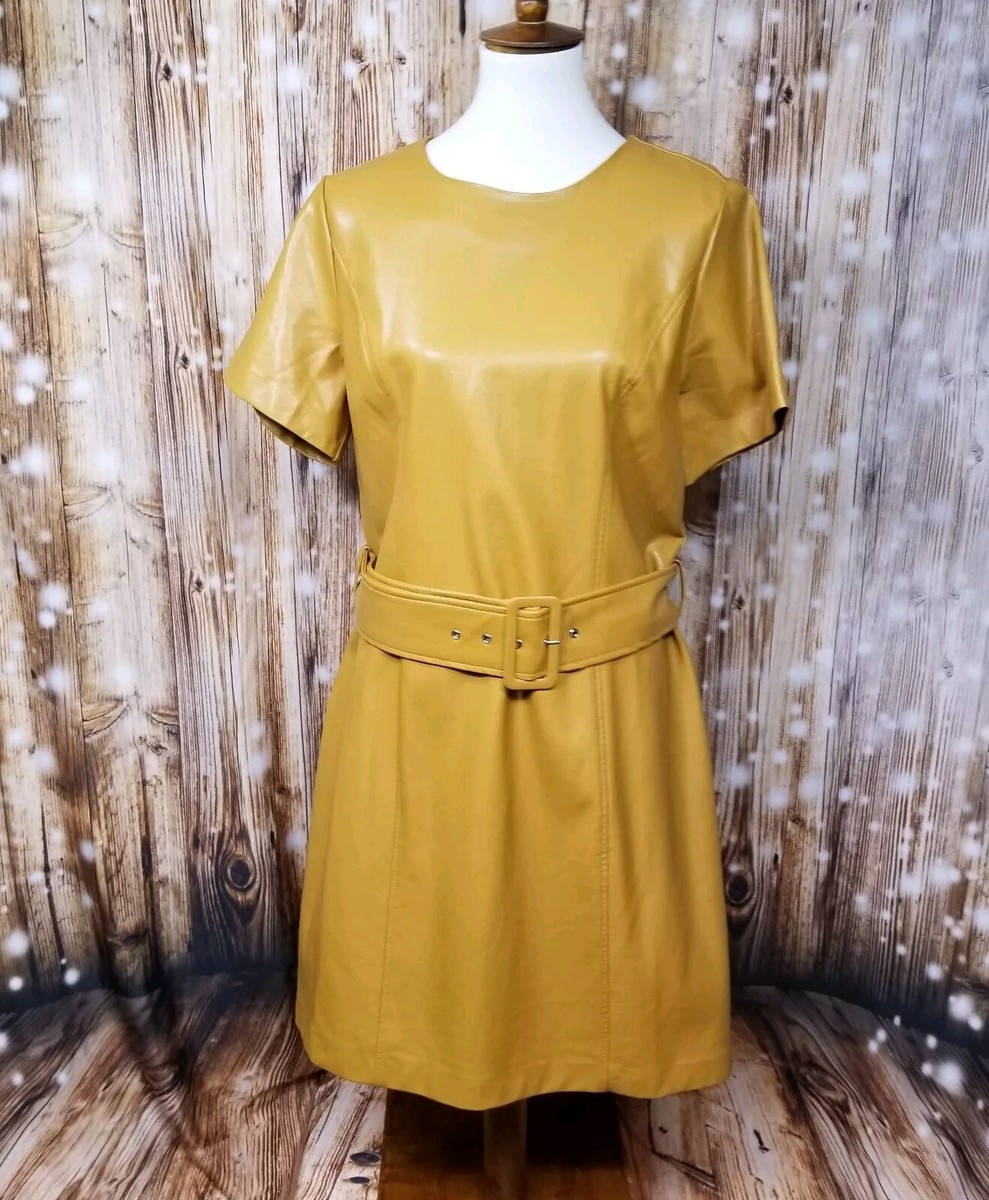Molly Bracken Premium Shealth Dress Women XL Camel Pleather Belted Midi