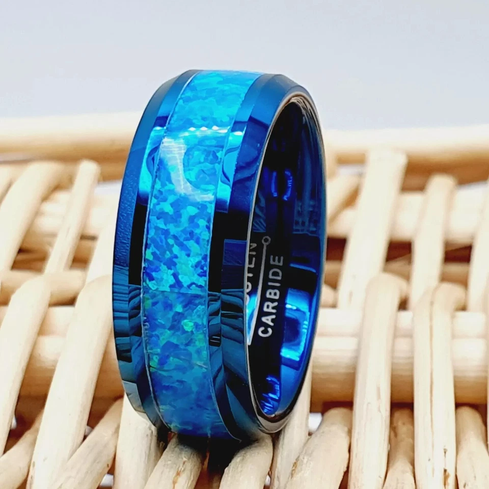 Blue Tungsten Wedding Ring with Fire Blue Opal Inlay 8mm Groom Anniversary Band - Image 3 of 4
