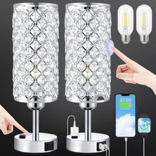 Crystal Touch Control Lamps Set of 2 Silver with USB  AC Ports Dimmable