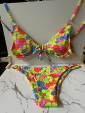 NEW swimsuit Bikini triangle top ring hip bright blue/yellow/green floral Sm