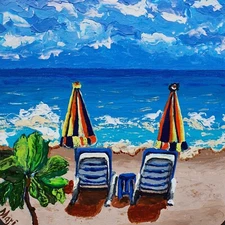 Beachfront Painting Colorful Umbrellas Lounge Chairs Overlooking Blue Ocean