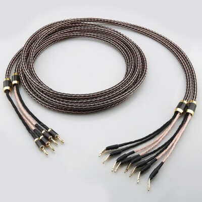 Braided Litz Speaker Cables 10ft OFC Copper Wire Pair Bi-Wire Banana to spade