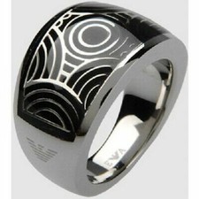 EMPORIO ARMANI LADIES POLISHED STAINLESS STEEL + ONYX CIRCLE PATTERN RING
