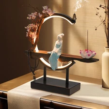 LED Lotus Incense Holder Retro Backflow Incense Burner Desktop Lamp Statue Decor