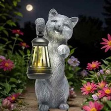 Solar Cat Outdoor Statues, Garden Sculptures with Solar Lantern for Yard Art Law