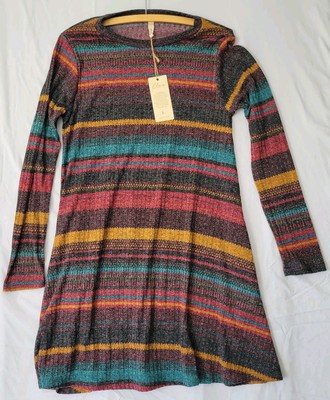 New Elan Dress Womens Sz L Striped Boho Colors Hippie Comfy Teal, Gold Brown