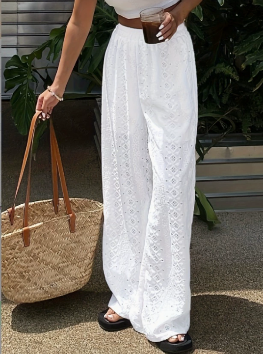 Womens Eyelet Embroidery Wide Leg Pants Elastic Waist Summer Casual Trousers
