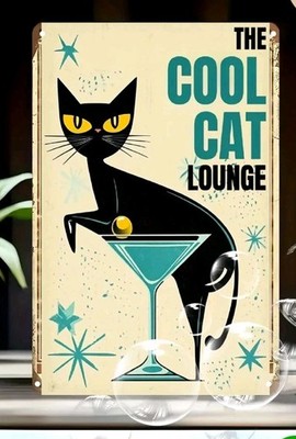 Vintage Retro Black Cat Martini Metal Sign 8x12 Wall Art Tin Decor