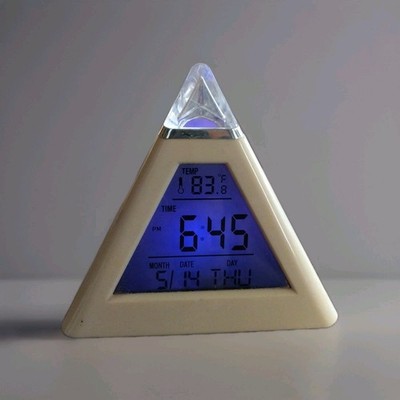 Pyramid LED Clock Color Changing Back Ambient Night Light Alarm Temperature Date