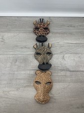 African Wooden Masks Painted Hand Carved Kenya Hanging Wall Art Zebra Giraffe