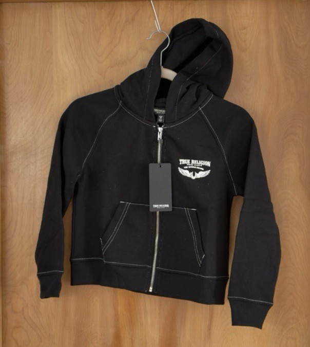 True Religion Women's Cropped Shrunken Crystal Wings Graphic Zip Hoodie Sz L NWT thumbnail 4