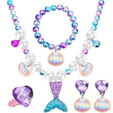Mermaid Jewelry Set for Kids - 4 Piece Necklace, Bracelet, Ring, Earrings