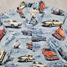 Vintage Reyn Spooner Shirt Mens Large Classic Cars Ford Mustang Hawaiian 90s