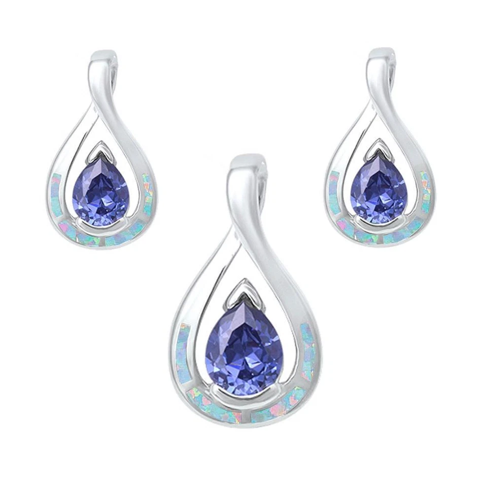 Pear Shape Tanzanite & White Opal Earrings & Pendant Set .925 Sterling Silver Ea - Image 2 of 2