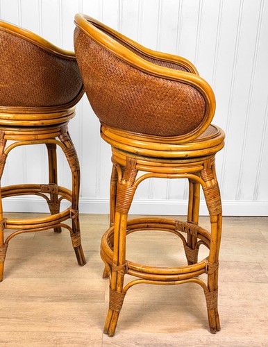 Vintage Coastal Rattan & Wicker Swivel Tiki Bar Stools - A Pair - Picture 5 of 12