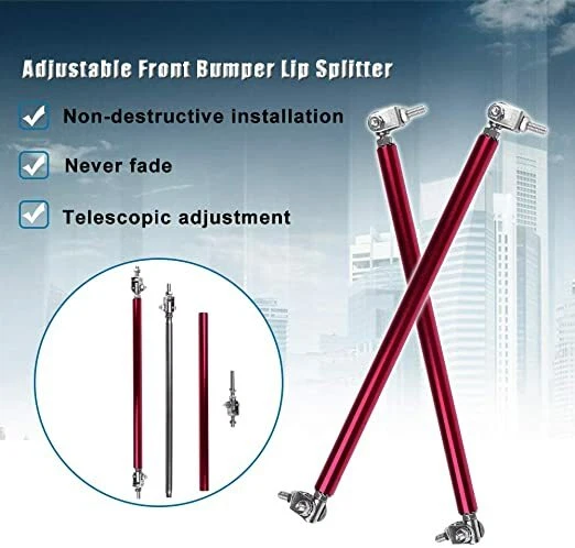 Barra de soporte divisor de parachoques de barra de puntal de labio delantero ajustable roja de 7,87"-13" 2 piezas Foto 4 de 4