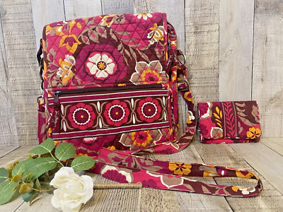 VERA BRADLEY Carnaby Large Floral Messenger Bag w/Matching Wallet 12x12x1.5