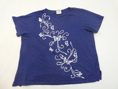Gold Coast Womens Shirt Blue Short Sleeve Butterfly and Floral Print L. Stains