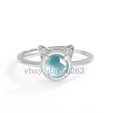 Certified natural A-grade jadeite ice Blue Water 925 Silver Inlaid Cat Ring