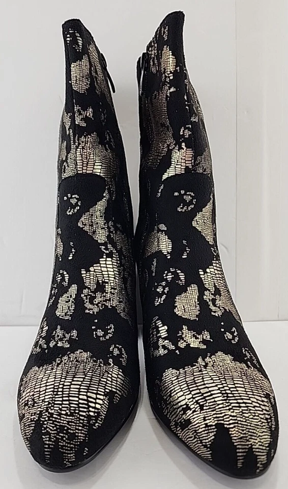 Sapato ASHRO feminino estampado Paris botinhas tamanho 9 M preto-ouro camurça falsa superior NOVO - Imagem 4 de 4